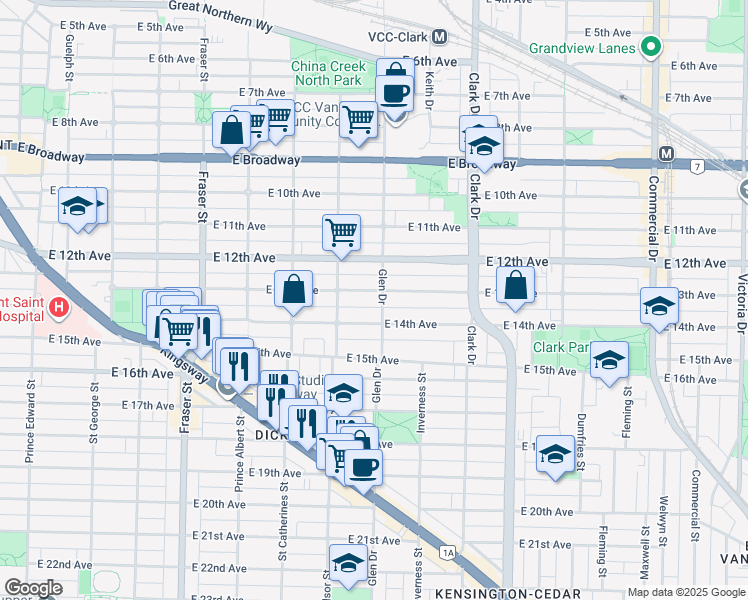 map of restaurants, bars, coffee shops, grocery stores, and more near 1070 East 13th Avenue in Vancouver