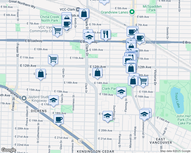 map of restaurants, bars, coffee shops, grocery stores, and more near 1366 East 13th Avenue in Vancouver
