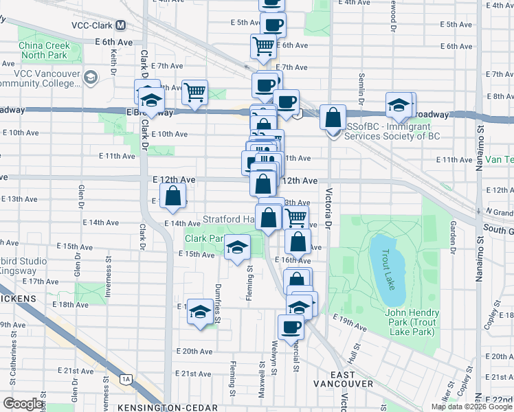 map of restaurants, bars, coffee shops, grocery stores, and more near 1678 East 13th Avenue in Vancouver