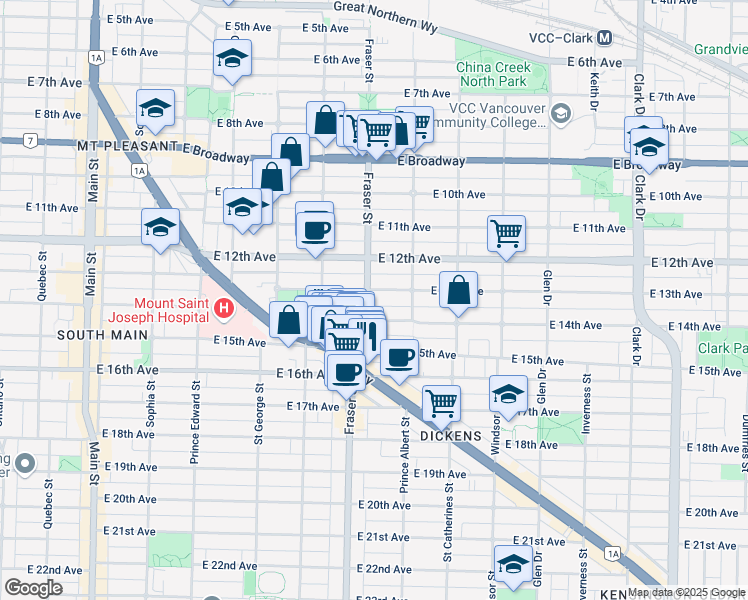 map of restaurants, bars, coffee shops, grocery stores, and more near in Vancouver