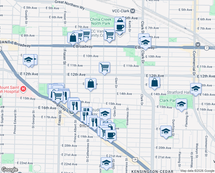 map of restaurants, bars, coffee shops, grocery stores, and more near 1026 East 13th Avenue in Vancouver
