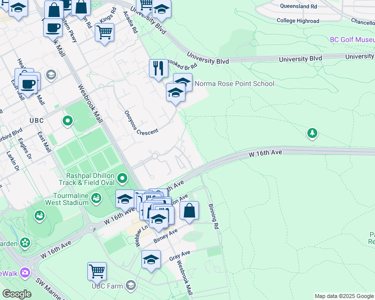 map of restaurants, bars, coffee shops, grocery stores, and more near 5615 Hampton Place in University Endowment Lands