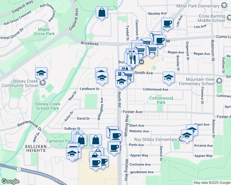 map of restaurants, bars, coffee shops, grocery stores, and more near 2849 North Road in Burnaby