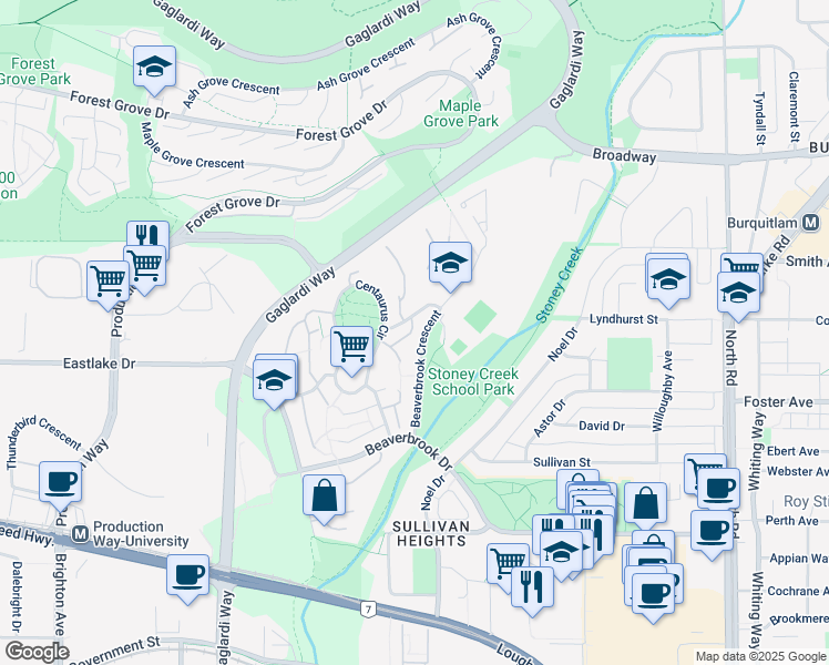 map of restaurants, bars, coffee shops, grocery stores, and more near 2912 Argo Place in Burnaby
