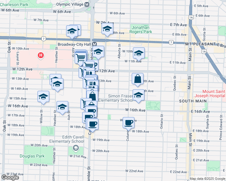 map of restaurants, bars, coffee shops, grocery stores, and more near 330 West 14th Avenue in Vancouver