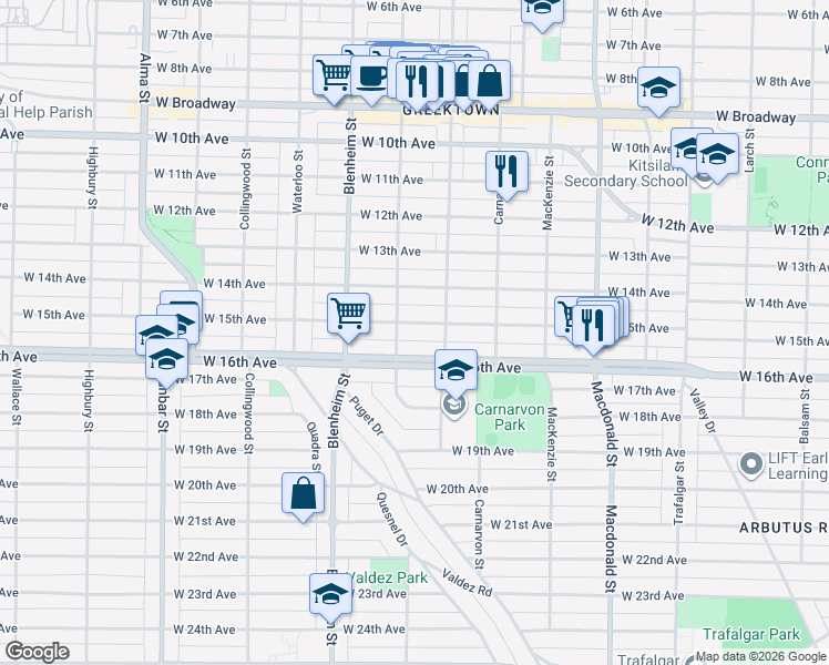 map of restaurants, bars, coffee shops, grocery stores, and more near 3162 West 15th Avenue in Vancouver