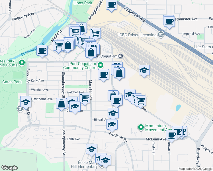 map of restaurants, bars, coffee shops, grocery stores, and more near 2180 Kelly Avenue in Port Coquitlam