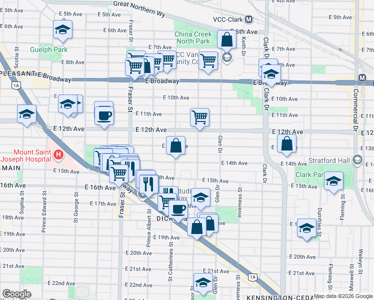 map of restaurants, bars, coffee shops, grocery stores, and more near 944 East 13th Avenue in Vancouver