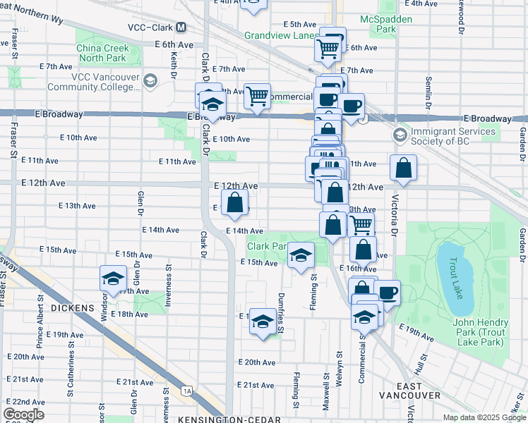 map of restaurants, bars, coffee shops, grocery stores, and more near 2907 Woodland Drive in Vancouver
