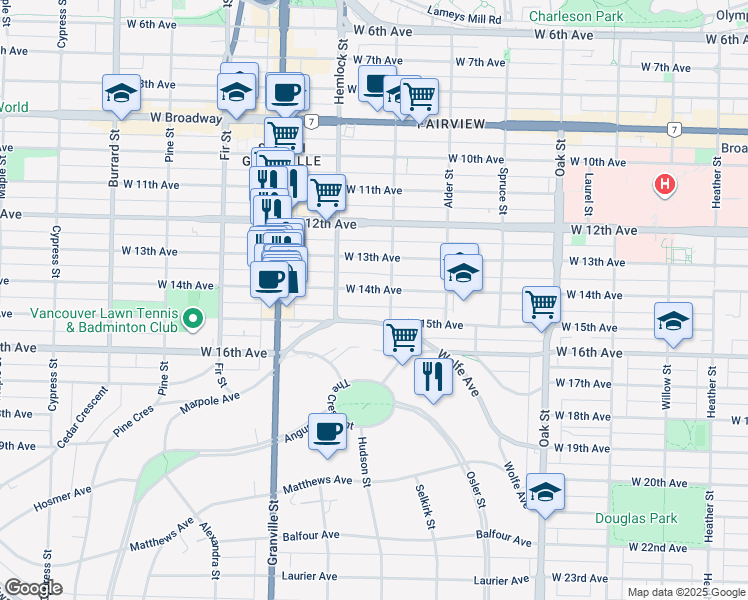 map of restaurants, bars, coffee shops, grocery stores, and more near in Vancouver