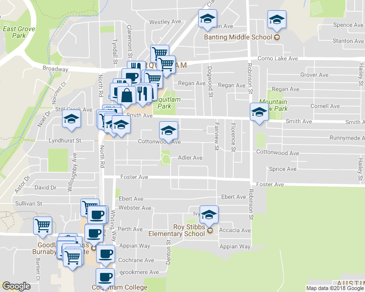 map of restaurants, bars, coffee shops, grocery stores, and more near 612 Cottonwood Avenue in Coquitlam