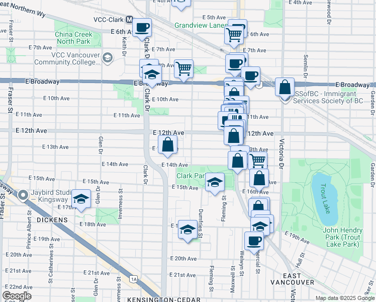 map of restaurants, bars, coffee shops, grocery stores, and more near 2907 Woodland Drive in Vancouver