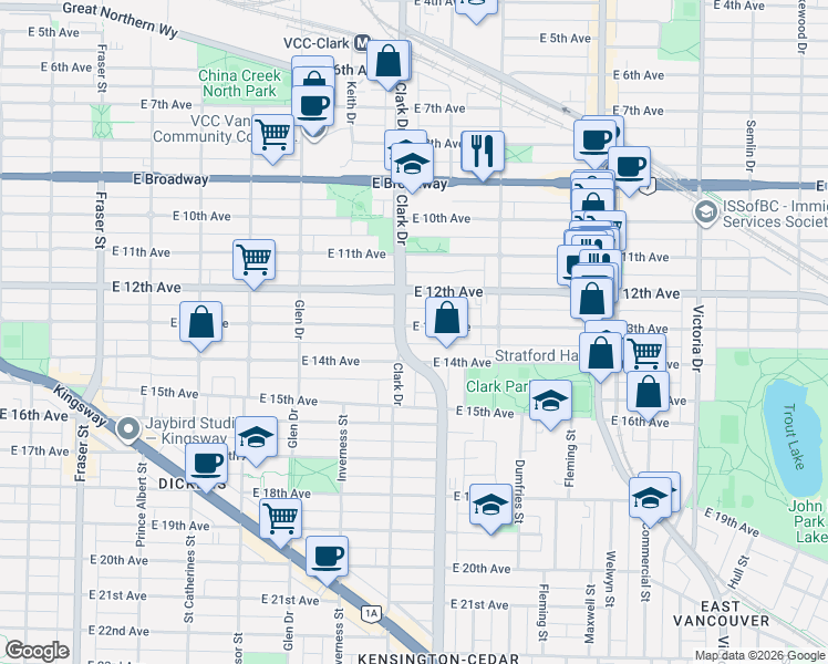 map of restaurants, bars, coffee shops, grocery stores, and more near in Vancouver