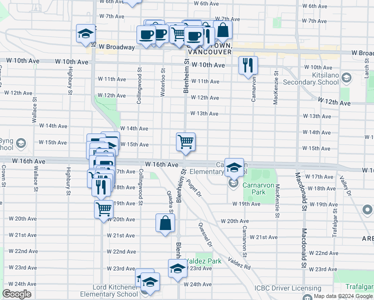 map of restaurants, bars, coffee shops, grocery stores, and more near 3296 West 15th Avenue in Vancouver
