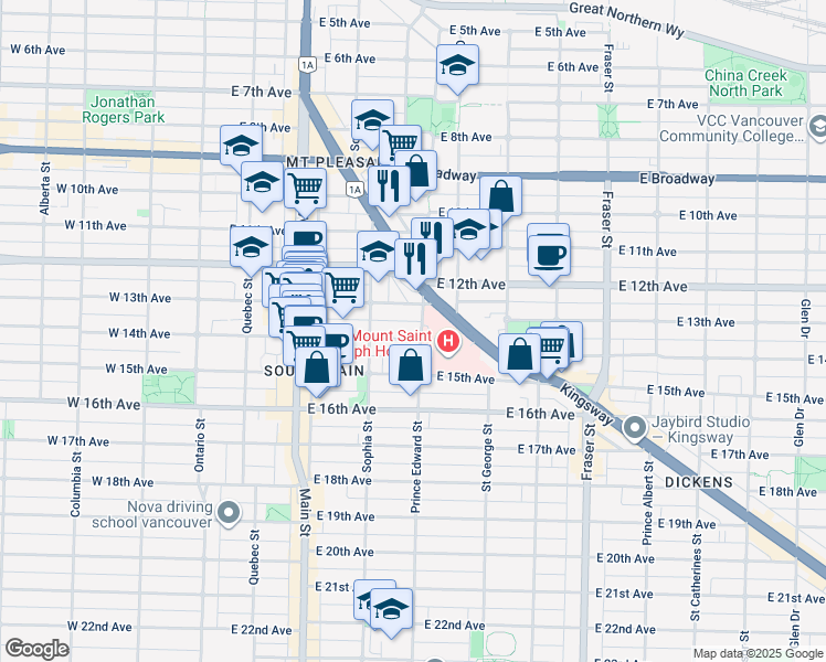 map of restaurants, bars, coffee shops, grocery stores, and more near 309 East 14th Avenue in Vancouver