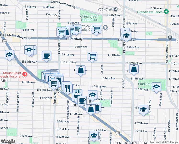 map of restaurants, bars, coffee shops, grocery stores, and more near 980 East 13th Avenue in Vancouver