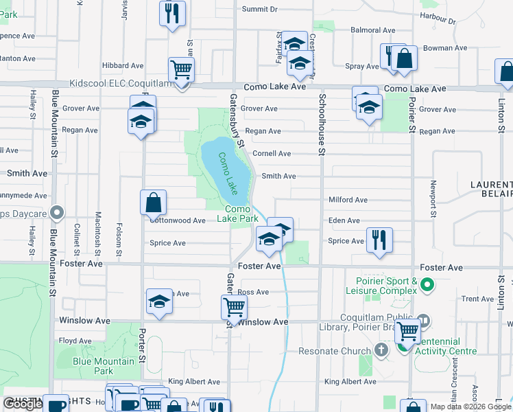 map of restaurants, bars, coffee shops, grocery stores, and more near 681 Gatensbury Street in Coquitlam