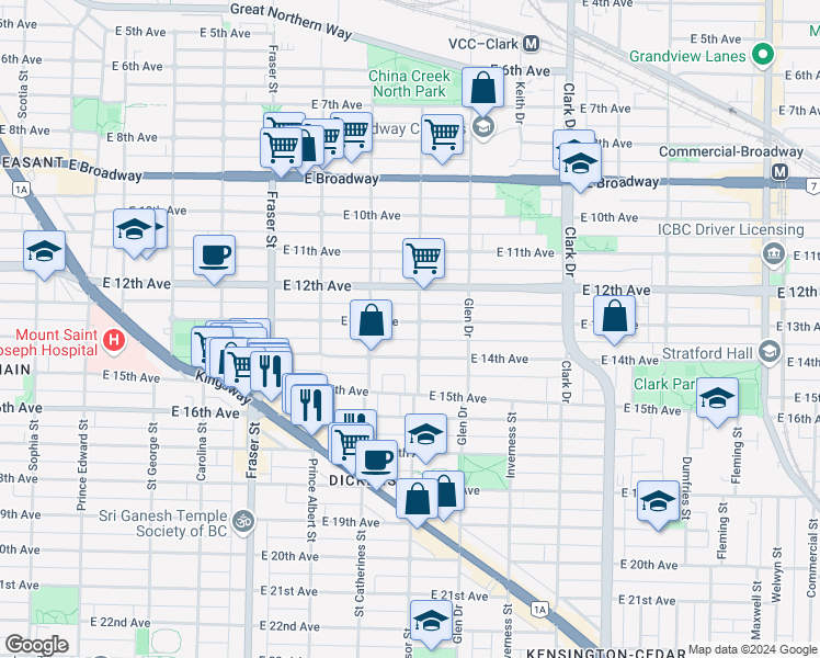 map of restaurants, bars, coffee shops, grocery stores, and more near 980 East 13th Avenue in Vancouver