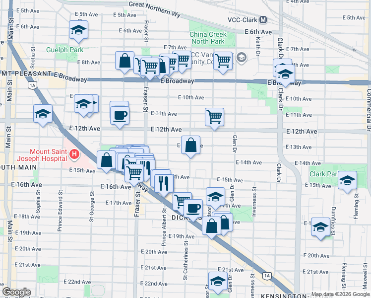 map of restaurants, bars, coffee shops, grocery stores, and more near 882 East 13th Avenue in Vancouver