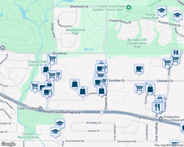 map of restaurants, bars, coffee shops, grocery stores, and more near 2999 Underhill Avenue in Burnaby