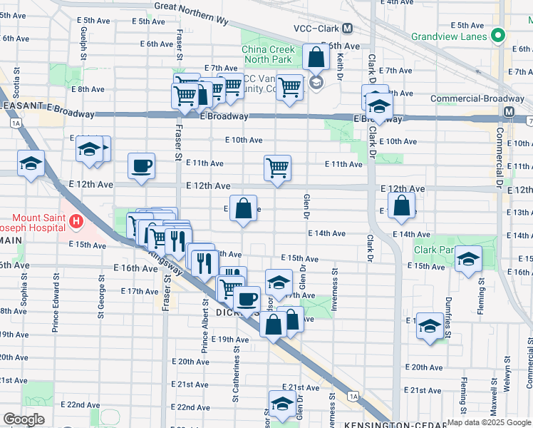 map of restaurants, bars, coffee shops, grocery stores, and more near 962 East 13th Avenue in Vancouver