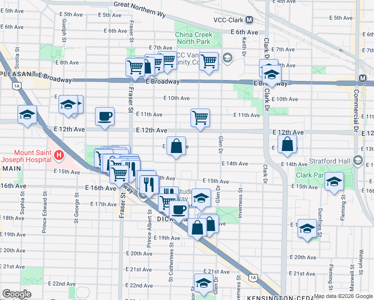 map of restaurants, bars, coffee shops, grocery stores, and more near 958 East 13th Avenue in Vancouver