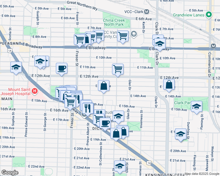 map of restaurants, bars, coffee shops, grocery stores, and more near 944 East 13th Avenue in Vancouver