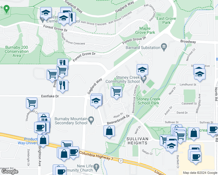 map of restaurants, bars, coffee shops, grocery stores, and more near 8858 Centaurus Circle in Burnaby
