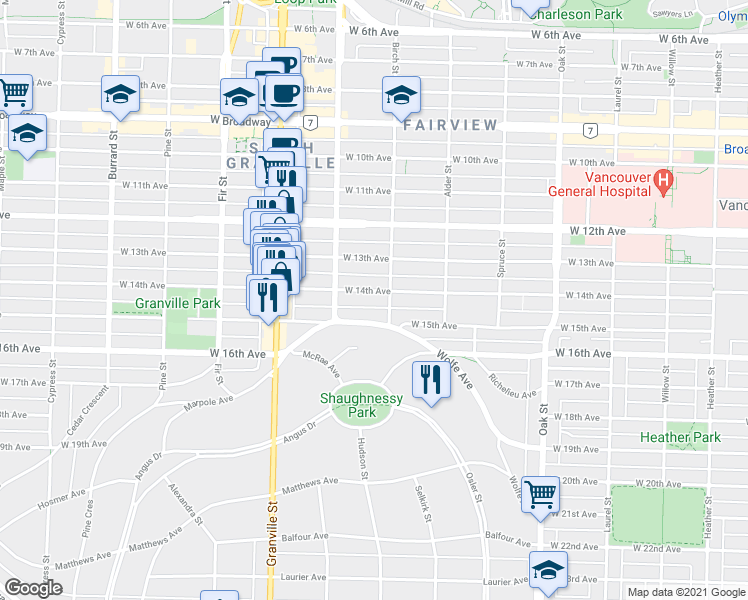 map of restaurants, bars, coffee shops, grocery stores, and more near in Vancouver