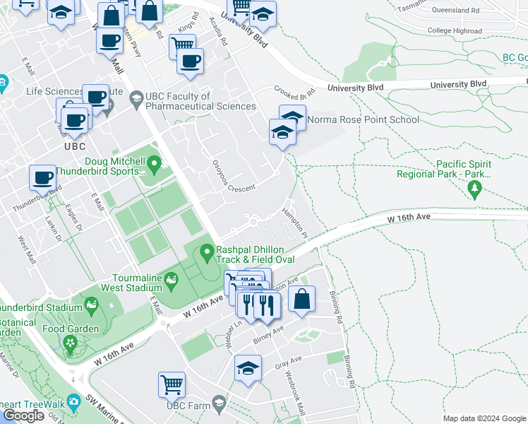 map of restaurants, bars, coffee shops, grocery stores, and more near 5735 Hampton Place in Vancouver