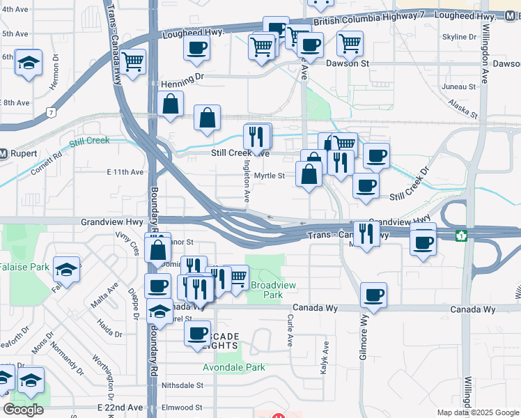 map of restaurants, bars, coffee shops, grocery stores, and more near 2808 Ingleton Avenue in Burnaby