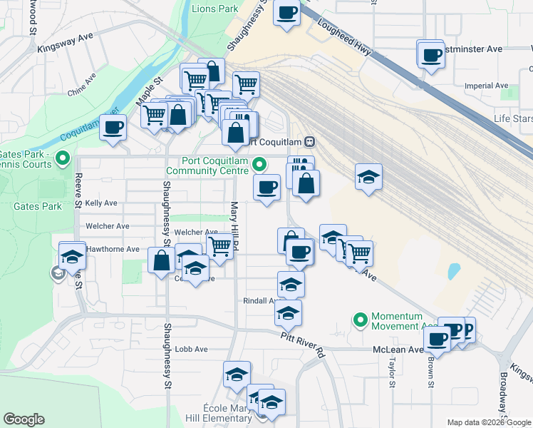 map of restaurants, bars, coffee shops, grocery stores, and more near 2180 Kelly Avenue in Port Coquitlam