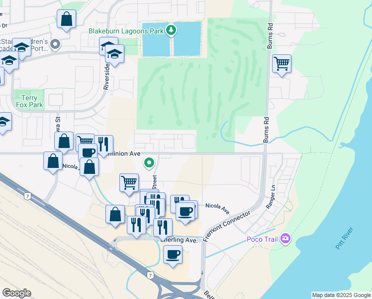 map of restaurants, bars, coffee shops, grocery stores, and more near 129 Avon Place in Port Coquitlam
