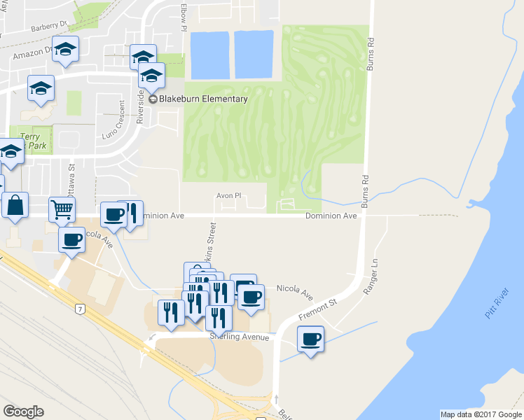 map of restaurants, bars, coffee shops, grocery stores, and more near 136 Avon Place in Port Coquitlam