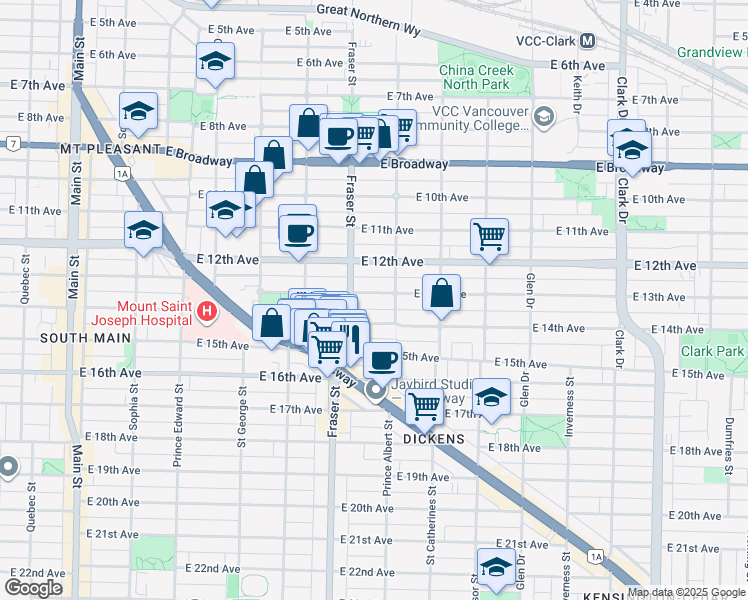 map of restaurants, bars, coffee shops, grocery stores, and more near 742 East 13th Avenue in Vancouver
