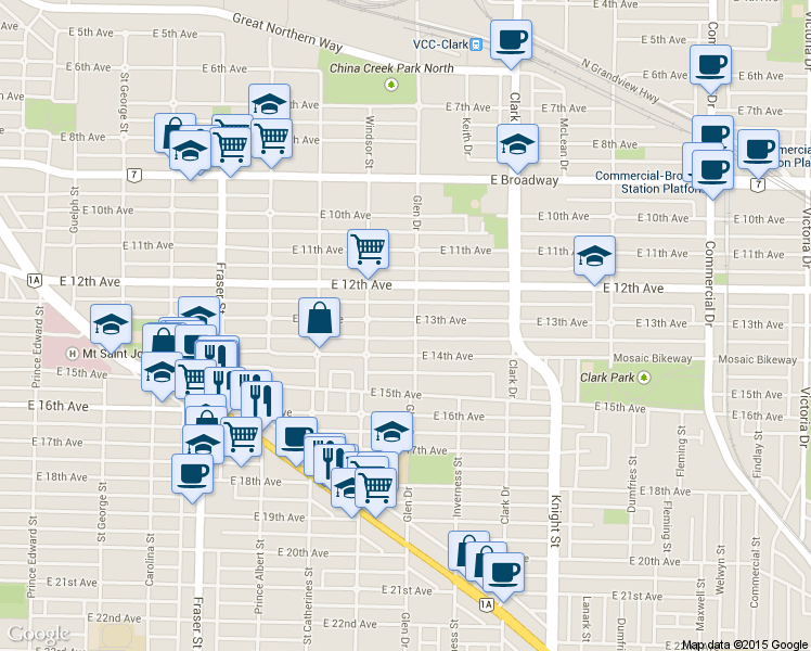 map of restaurants, bars, coffee shops, grocery stores, and more near 1070 East 13th Avenue in Vancouver