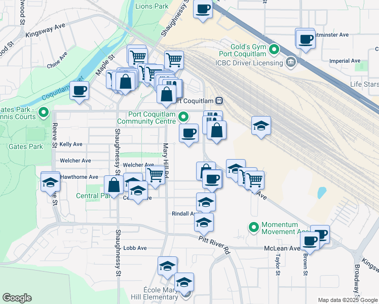 map of restaurants, bars, coffee shops, grocery stores, and more near 2111 Hawthorne Avenue in Port Coquitlam