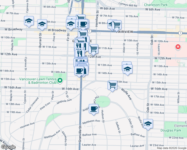 map of restaurants, bars, coffee shops, grocery stores, and more near 1412 West 14th Avenue in Vancouver