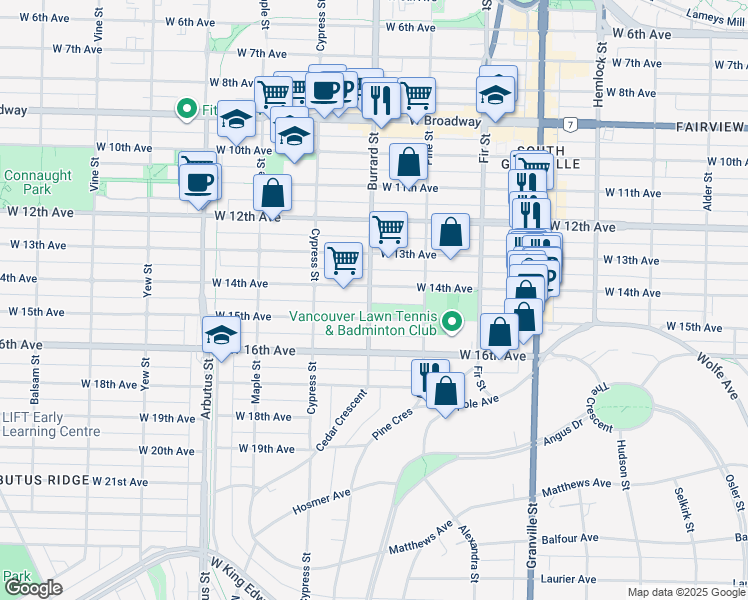 map of restaurants, bars, coffee shops, grocery stores, and more near 1796 West 14th Avenue in Vancouver
