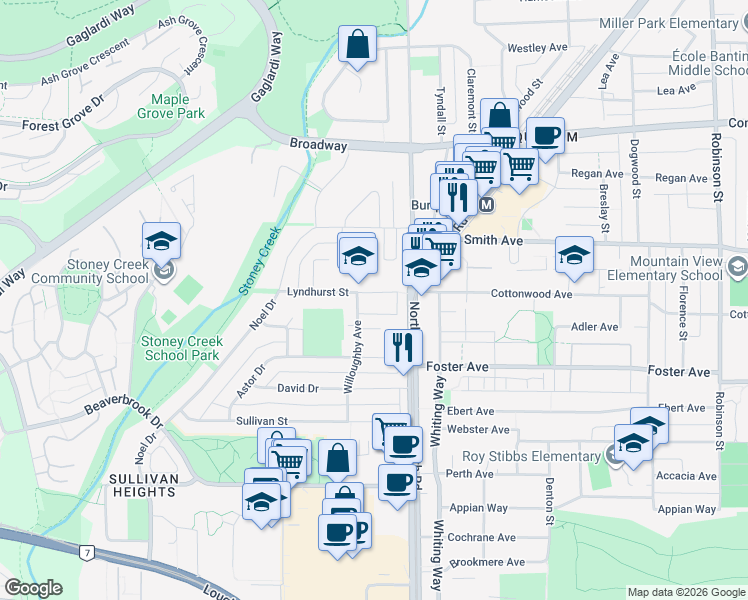 map of restaurants, bars, coffee shops, grocery stores, and more near 9890 Lyndhurst Street in Burnaby