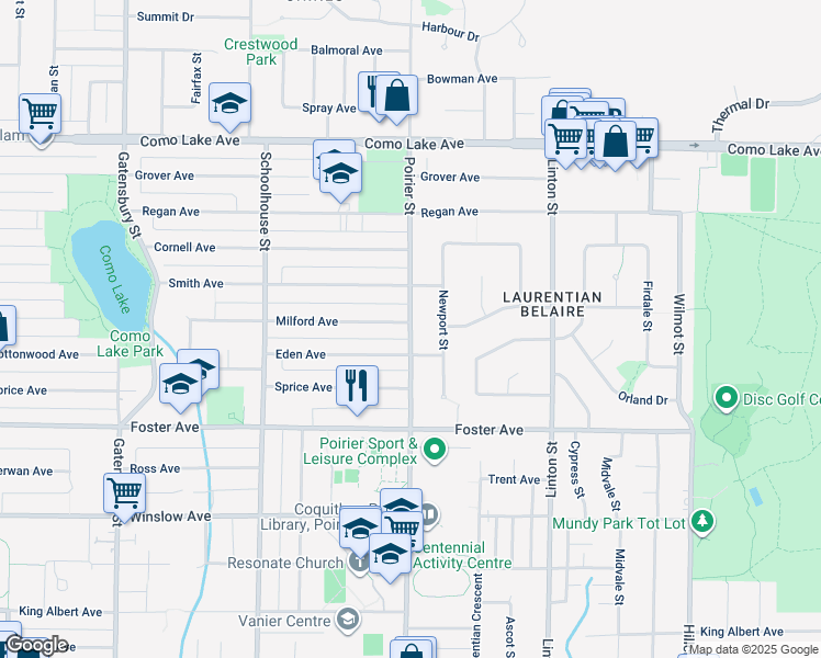 map of restaurants, bars, coffee shops, grocery stores, and more near Poirier Street in Coquitlam
