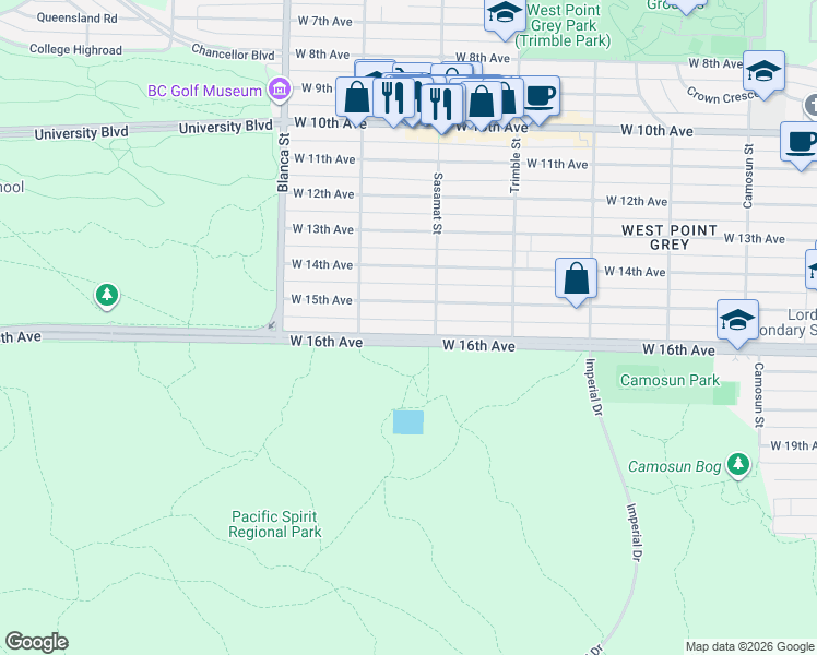 map of restaurants, bars, coffee shops, grocery stores, and more near 4533 West 16th Avenue in Vancouver