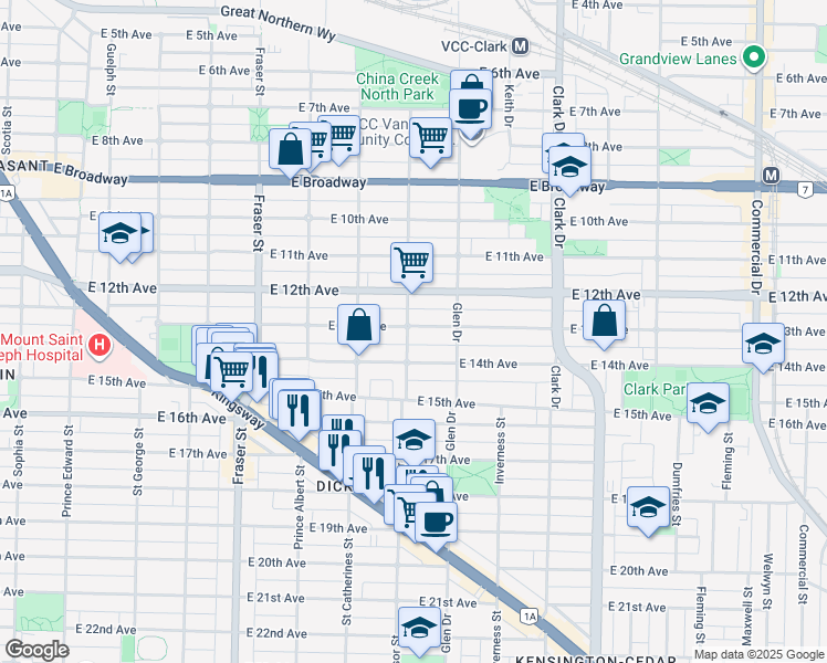 map of restaurants, bars, coffee shops, grocery stores, and more near 2904 Windsor Street in Vancouver