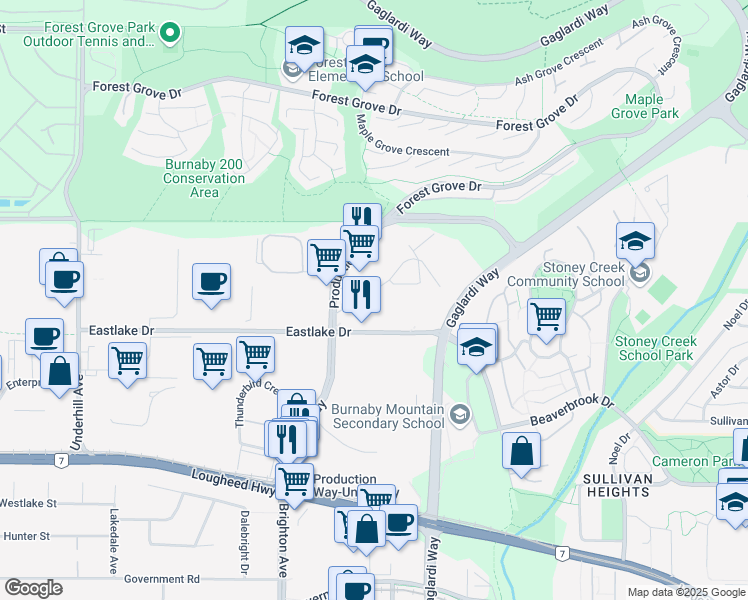 map of restaurants, bars, coffee shops, grocery stores, and more near 8536 Baxter Place in Burnaby