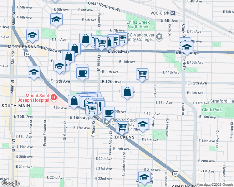 map of restaurants, bars, coffee shops, grocery stores, and more near 826 East 13th Avenue in Vancouver