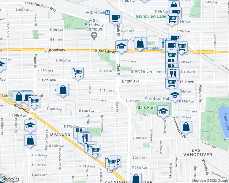 map of restaurants, bars, coffee shops, grocery stores, and more near 1278 East 13th Avenue in Vancouver