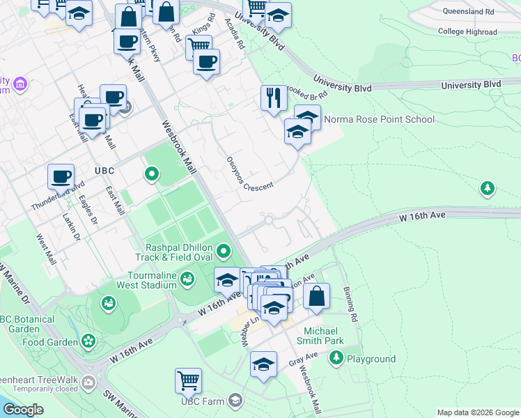 map of restaurants, bars, coffee shops, grocery stores, and more near 5775 Hampton Place in Vancouver