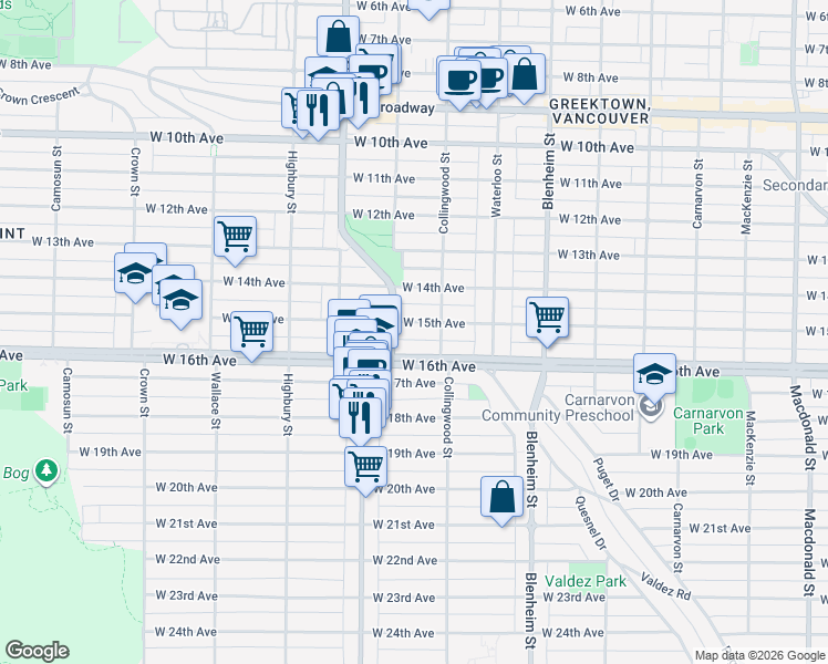 map of restaurants, bars, coffee shops, grocery stores, and more near 3558 West 15th Avenue in Vancouver