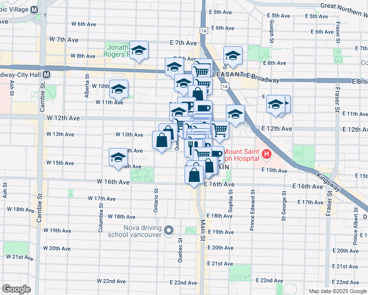 map of restaurants, bars, coffee shops, grocery stores, and more near 125 East 14th Avenue in Vancouver