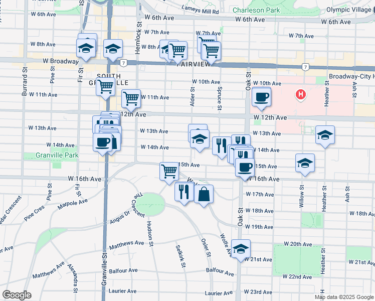 map of restaurants, bars, coffee shops, grocery stores, and more near 407 West 14th Avenue in Vancouver